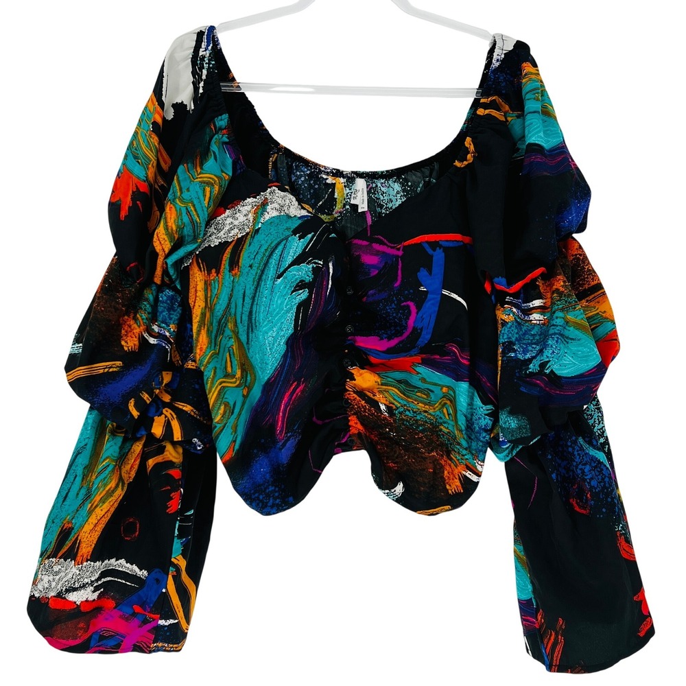 Truth NYC Crop Top Womens 2X Black Multi Abstract Padded Balloon Sleeve Boho